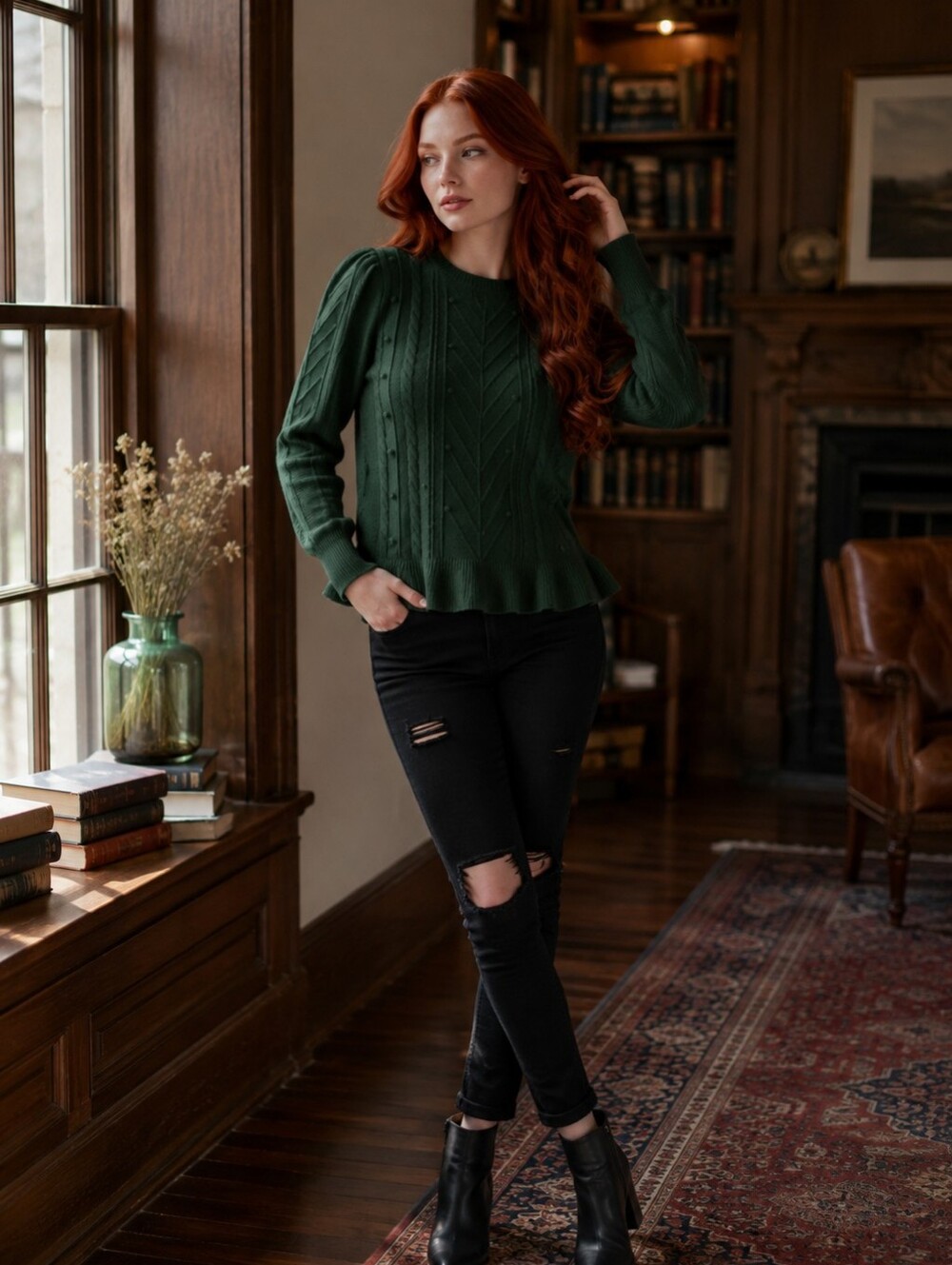 LOFT Green Bobble Knit Ruffle Hem Sweater | Size Large | NWT